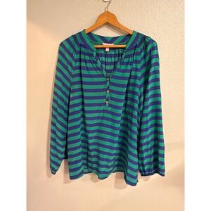 Lilly Pulitzer Blouse Women XL Blue Green Striped Silk Elsa Smocked Top